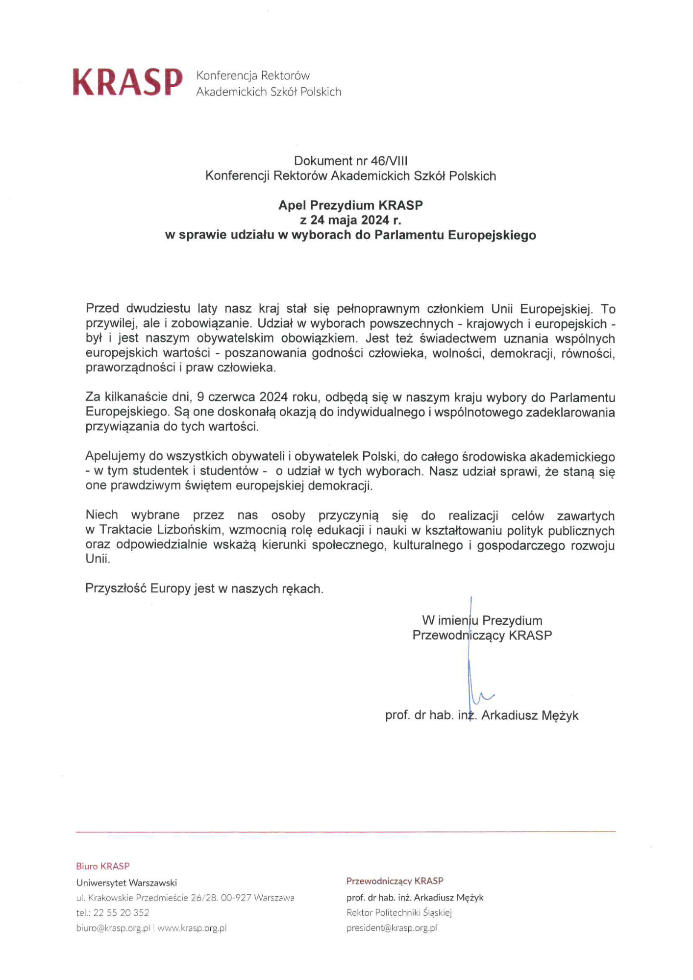 Apel Prezydium KRASP w sprawie udziału w wyborach do Parlamentu Europejskiego